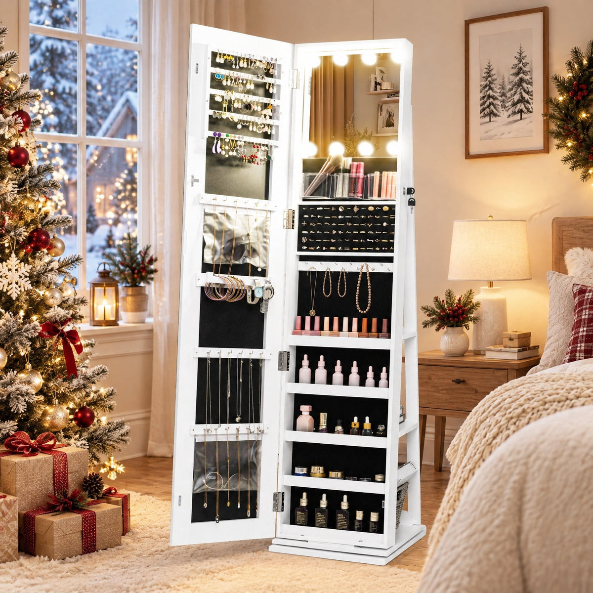 Airfind 360° Swivel Freestanding Jewelry Cabinet with Lighted Full Length Mirror, MDF Frame, White, Open storage shelves for easy reach