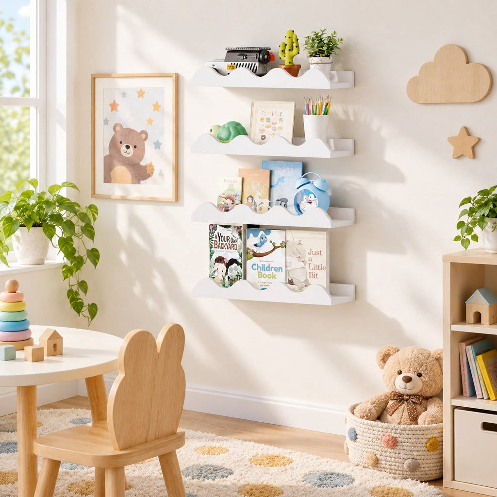 Airfind 16 Inch Kids Bookshelf Set of 4 Floating Nursery Book Shelves for Decoration Book Toy Storage, 11 lbs Capacity, Fir Wood Frame, White