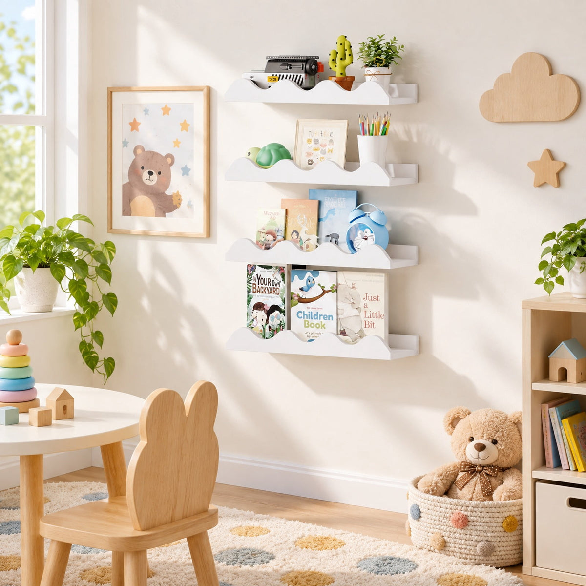 Airfind 16 Inch Kids Bookshelf Set of 4 Floating Nursery Book Shelves for Decoration Book Toy Storage, 11 lbs Capacity, Fir Wood Frame, White