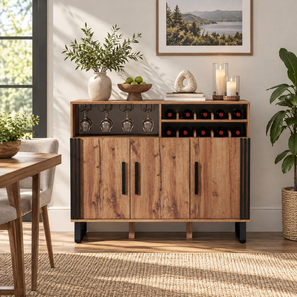 Airfind Home Wine Bar Cabinet with 3 Doors and Adjustable Shelves, 110 lbs Capacity, Engineered Wood MDF Frame, 47in x 16in x 37.5in Footprint, Brown