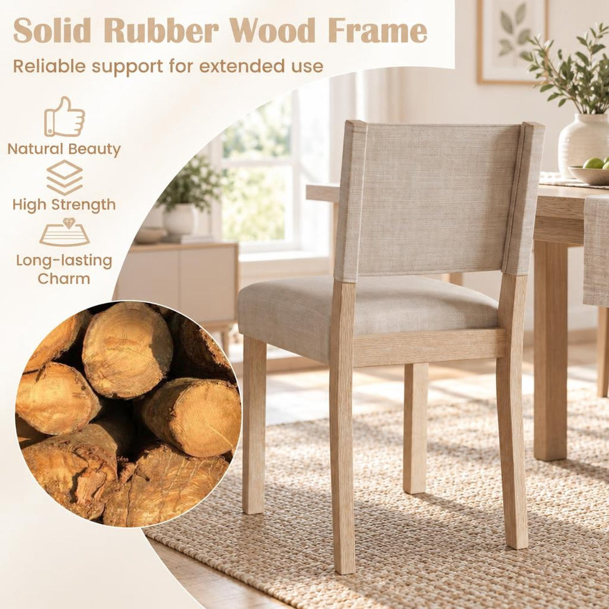 Airfind Upholstered Dining Chairs with Solid Rubber Wood Legs Set of 2, 330 lbs Capacity, Rubber Wood Engineered Wood Linen Fabric Sponge Frame