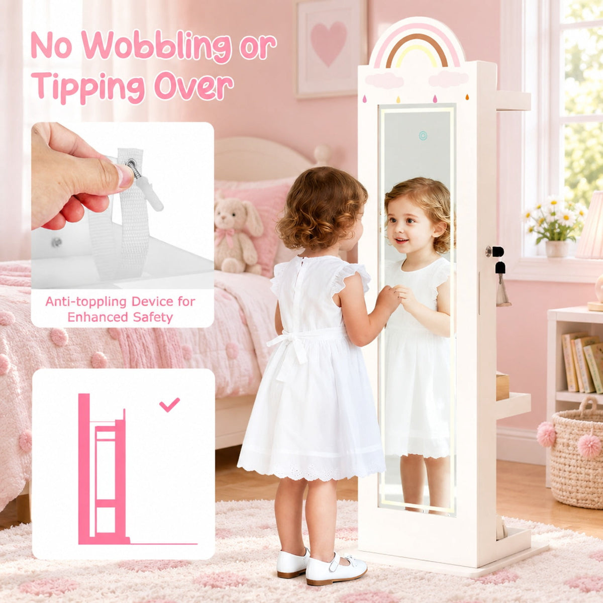 Airfind 3 In 1 Kids Jewelry Cabinet Freestanding Jewelry Armoire with 3-Color Lighted Mirror, MDF Glass Acrylic Frame, White