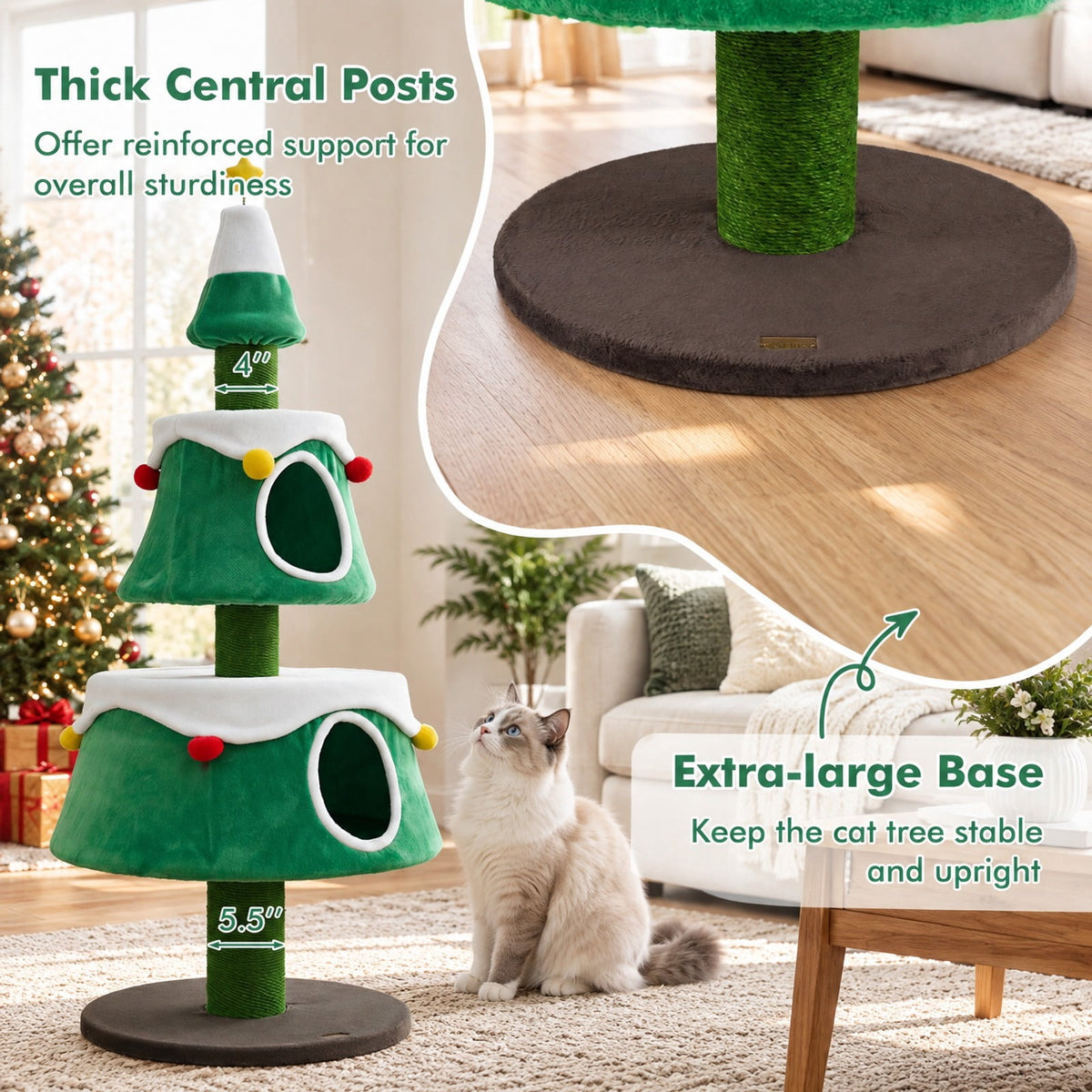 Airfind 61.5in Cat Christmas Tree for Indoor Kittens with 2 Large Condos Star Spring Toy and Decorative Balls, Green