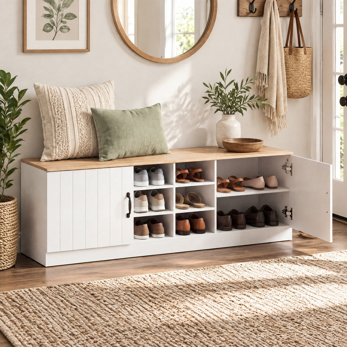 Airfind 2-Door Shoe Bench Storage Cabinet with Adjustable Shelves, 300 lbs Capacity, Engineered Wood MDF Frame, 59in x 16in x 19in Footprint, Natural
