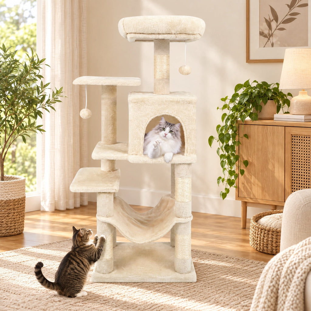 Airfind Multi-Level Cat Tower with 2-Door Condo and Padded Top Perch, PP Cotton Fabric Sisal Engineered Wood Overall Height 44 Base Frame, Beige