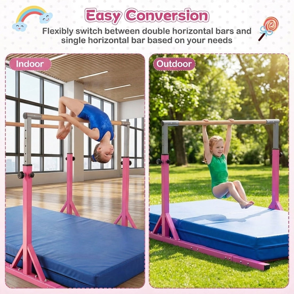 Airfind Adjustable Foldable Gymnastics Bar for Home with Heavy-Duty Steel Frame and Non-Slip Rubber Feet plus Safety Lock Pins for Kids Training, Pink