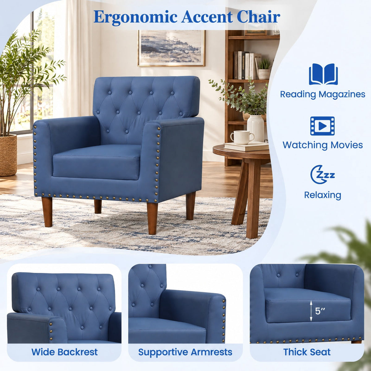 Airfind Mid Century Modern Accent Chair with Button Tufted Decoration and Rivets, 400 lbs Capacity, PVC Leather Sponge Rubber Wood Plywood Frame