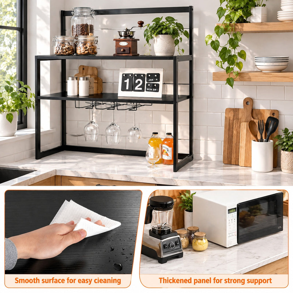 Airfind Kitchen Bakers Rack Freestanding Wine Rack Table with Glass Holder and Drawer, Engineered wood steel Frame, 31 x 16 x 64 Footprint, Black
