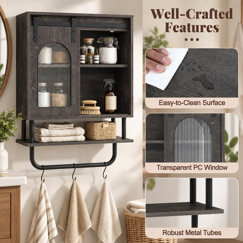Airfind Bathroom Wall Cabinet with Sliding Barn Door and Metal Hanging Bar with 3 Hooks, 22 Lbs Capacity, Engineered Wood MDF Metal PC, Black
