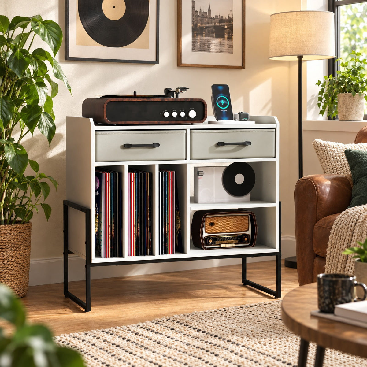 Airfind Large Record Player Stand with Charging Station Mid Century Modern Vinyl Storage Cabinet, 209 lbs Capacity, 30in x 14in x 27in Inside Footprint