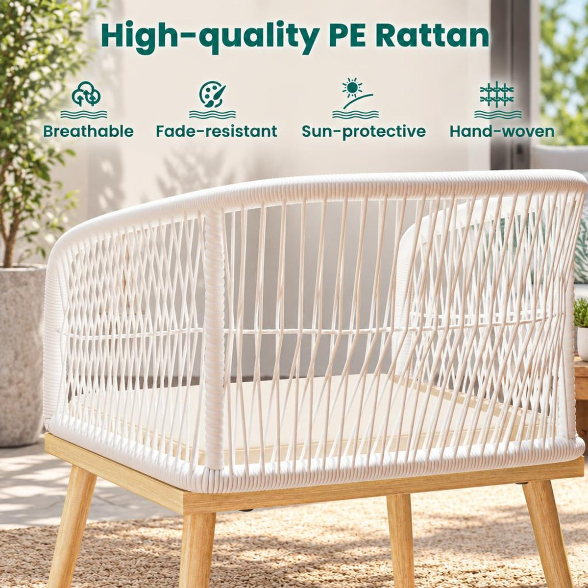 Airfind 3 Pieces Outdoor Bistro PE Wicker Conversation Furniture Set, 100 lbs Capacity, 18 x 16 Footprint, White