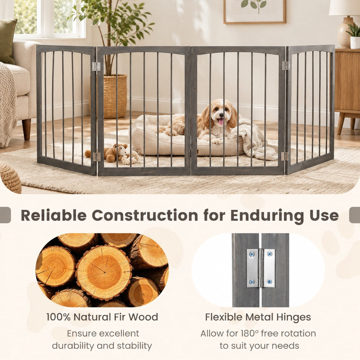 Airfind Wooden Pet Fence, 83 inch L x 30 inch H Dog Gate 4-Panel, for Indoor, Fir Wood Fully Expandable Frame, 21 Inch x 2.2 Inch x 30 Inch Footprint, Gray