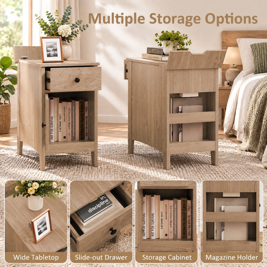 Airfind Flip Top End Table with Charging Station USB Ports Outlets and Drawer, 110 lbs Capacity, Engineered Wood MDF Frame, Natural