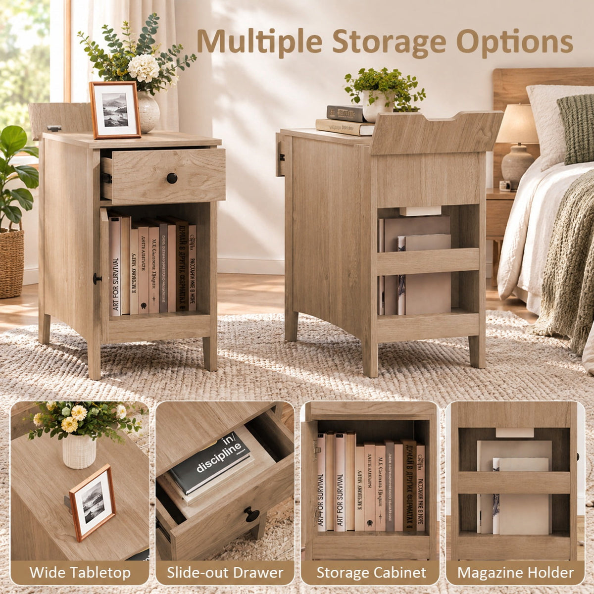 Airfind Flip Top End Table with Charging Station USB Ports Outlets and Drawer, 110 lbs Capacity, Engineered Wood MDF Frame, Natural
