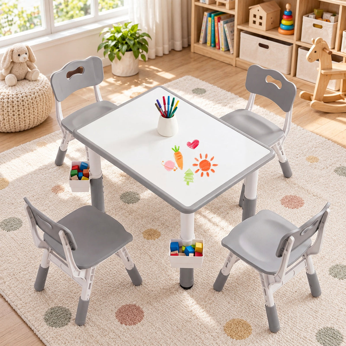 Airfind Height Adjustable Kids Table and 4 Chairs Set with Graffiti Desktop and 2 Storage Baskets, 220 lbs Capacity, Engineered Wood PP Frame, Gray