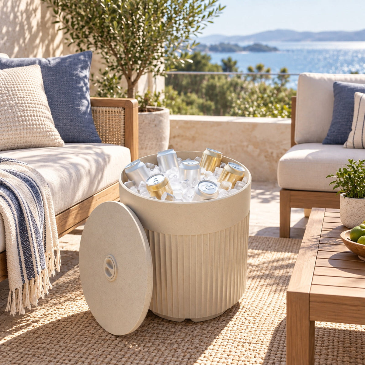 Airfind 3-in-1 All-Weather Outdoor HDPE Umbrella Base with Water Bag and 2 Umbrella Hole for Patio, 15 x 15 x 17 Interior Footprint, Beige