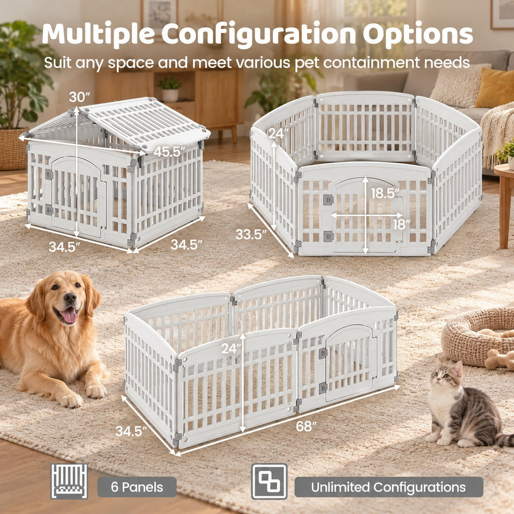 Airfind 6-Panel Plastic Dog Playpen 24 Inch Indoor Outdoor Pet Fence with Locking Door, HDPE Rectangular-shaped Playpen Frame, White