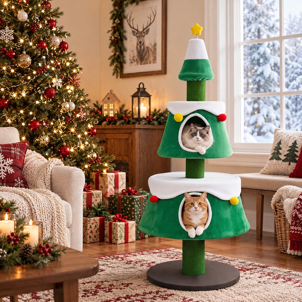 Airfind 61.5in Cat Christmas Tree for Indoor Kittens with 2 Large Condos Star Spring Toy and Decorative Balls, Green