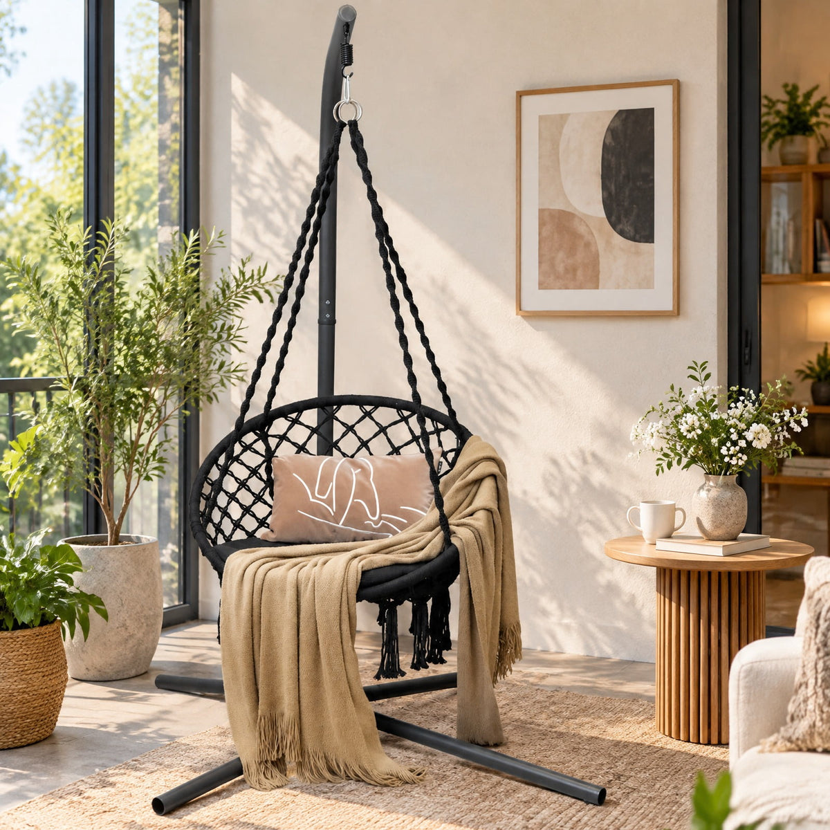 Airfind Cushioned Hammock Swing Chair with Hanging Kit, 330 lbs Capacity, Steel PP cotton polyester Frame, 31.5 Inch x 47 Inch Footprint, Black