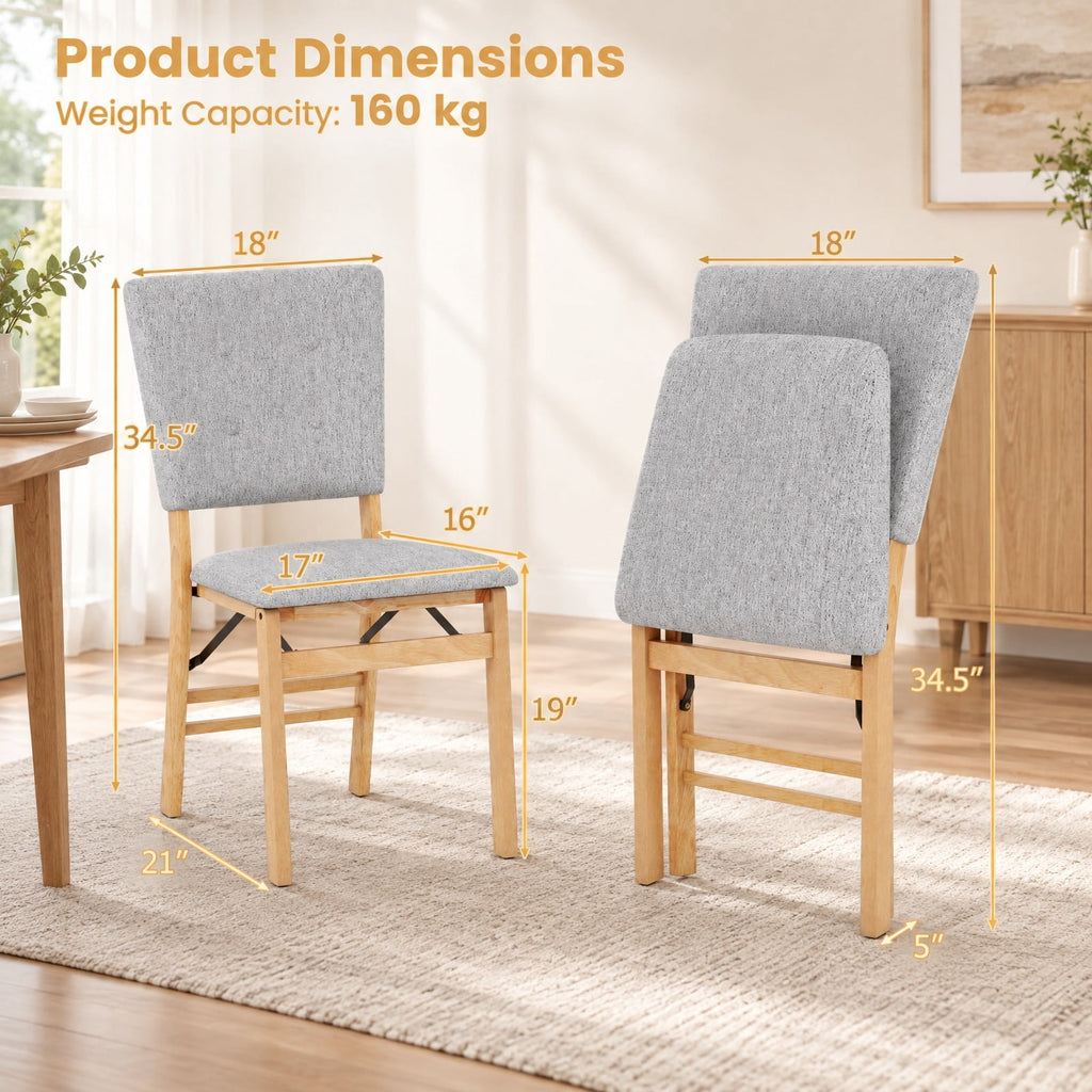 Airfind Foldable Dining Chair Set of 2 Armless Kitchen Chair with Padded Seat and Tilt Backrest, Rubber Wood MDF Sponge Linen Fabric Frame, Gray