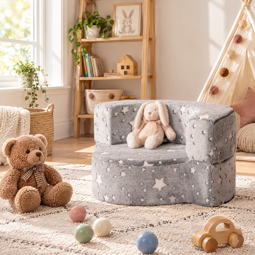 Airfind 2-in-1 Toddler Chair Glow in the Dark Kids Couch with Cover Convertible Sofa, Flannel Fabric Foam Frame, for 3+ Years Old, Gray
