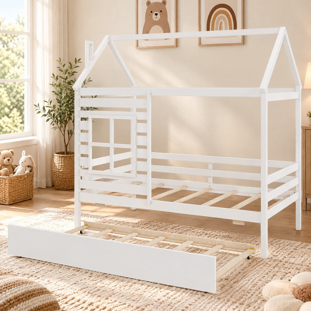 Airfind Twin Size Wooden Platform House Bed with Trundle and Roof, 250 lbs Capacity, Solid Wood Plywood Slats Engineered Wood Frame, Grey