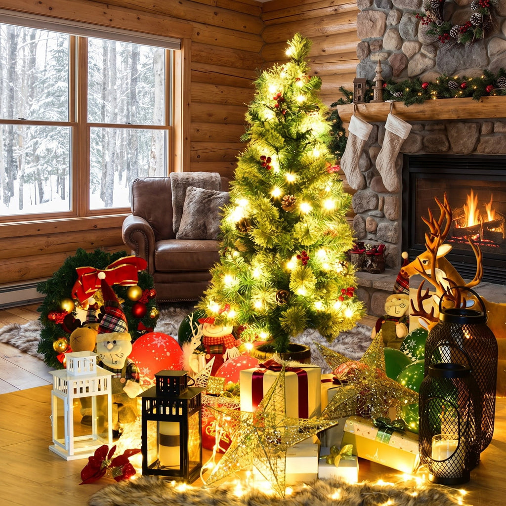 Airfind LED Christmas Tree with Red Berries Pine Cones-3, PVC Metal Cement Tree Height 3 ft 4 ft 5 ft Tree Width 15 22 26 Frame, Red