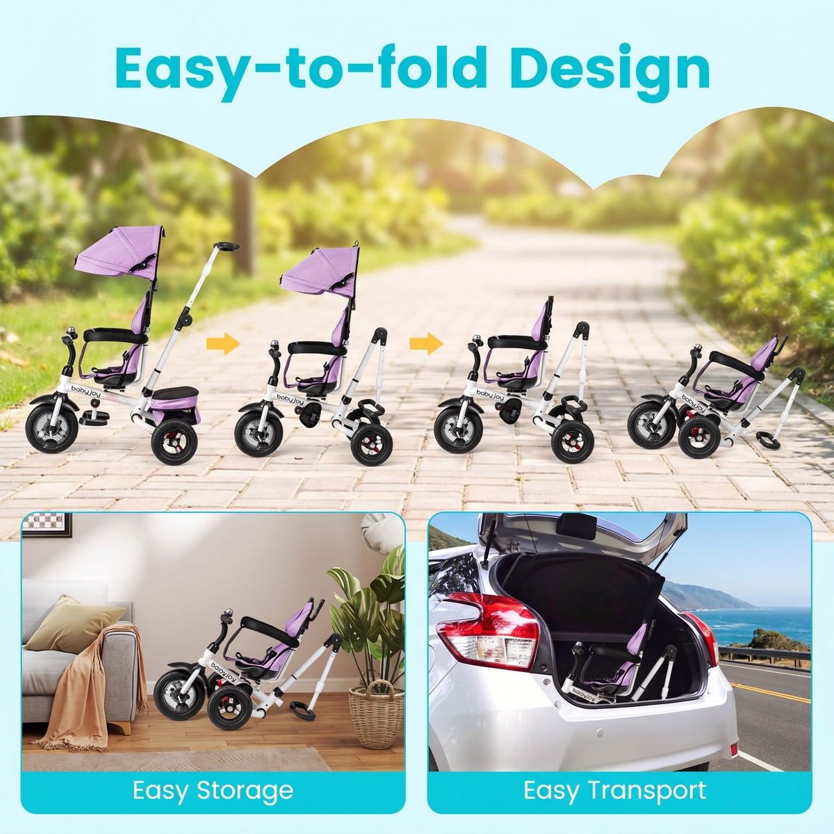 Airfind Folding Tricycle Baby Stroller with Reversible Seat and Adjustable Canopy, 55 lbs Capacity, Metal PP Linen Fabric Rubber Frame, Pink