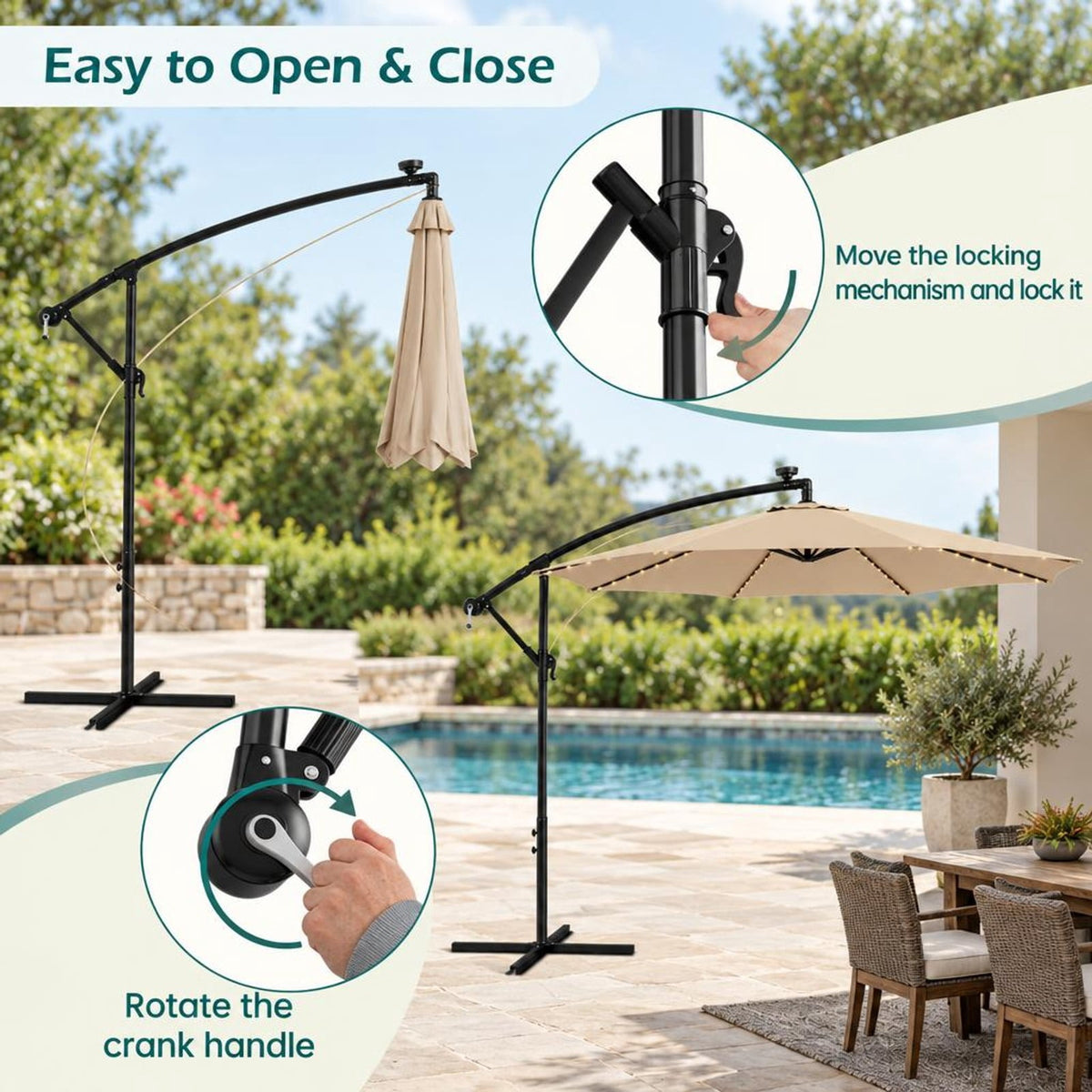 Airfind 10 Feet Patio Offset Umbrella with 112 Solar-Powered LED Lights, Polyester Fabric Metal Frame, 10 x 8 ft Footprint, Beige