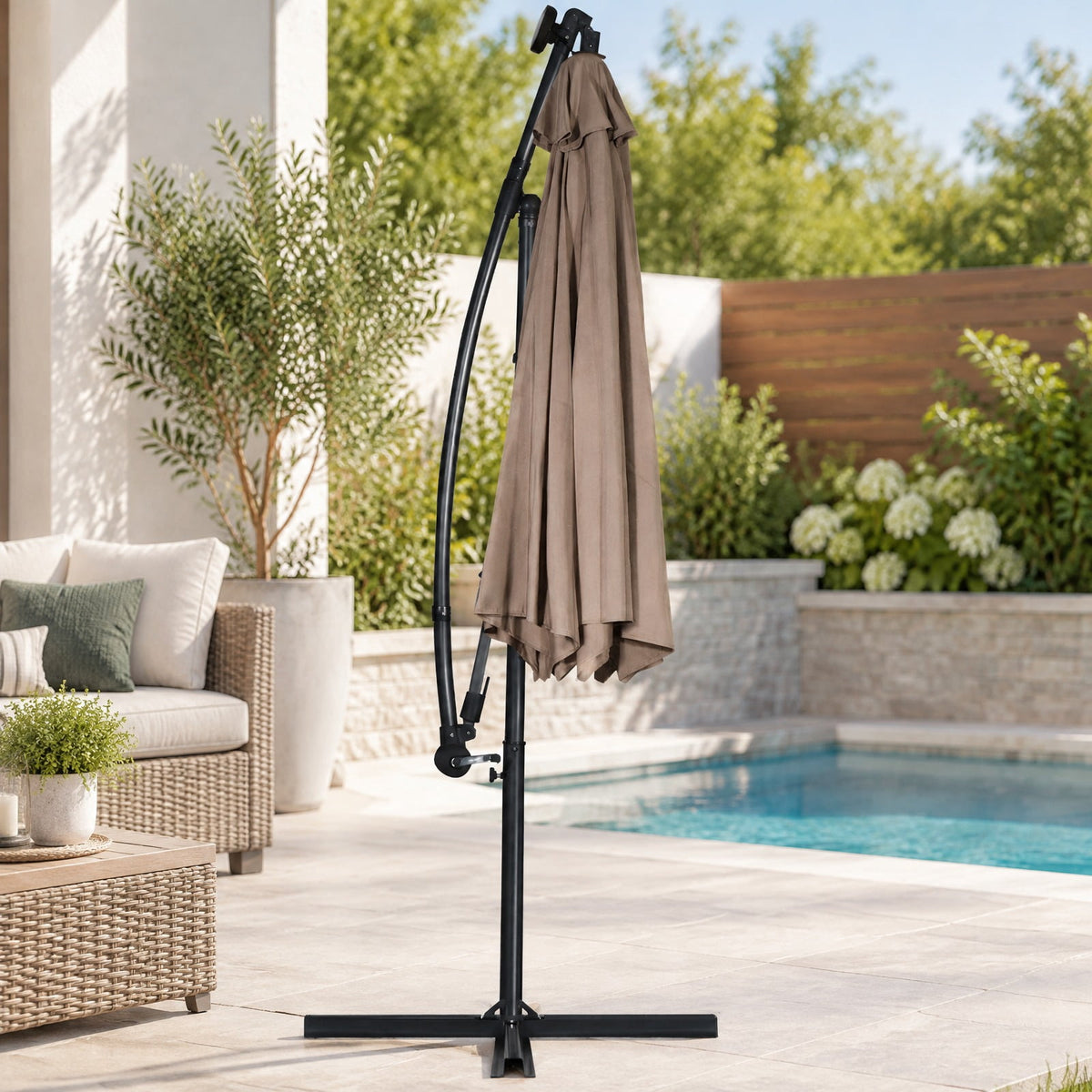 Airfind 10 ft 360° Rotation Solar Powered LED Patio Offset Umbrella without Weight Base, Steel aluminum polyester fabric Frame, 10 x 7.5 Footprint