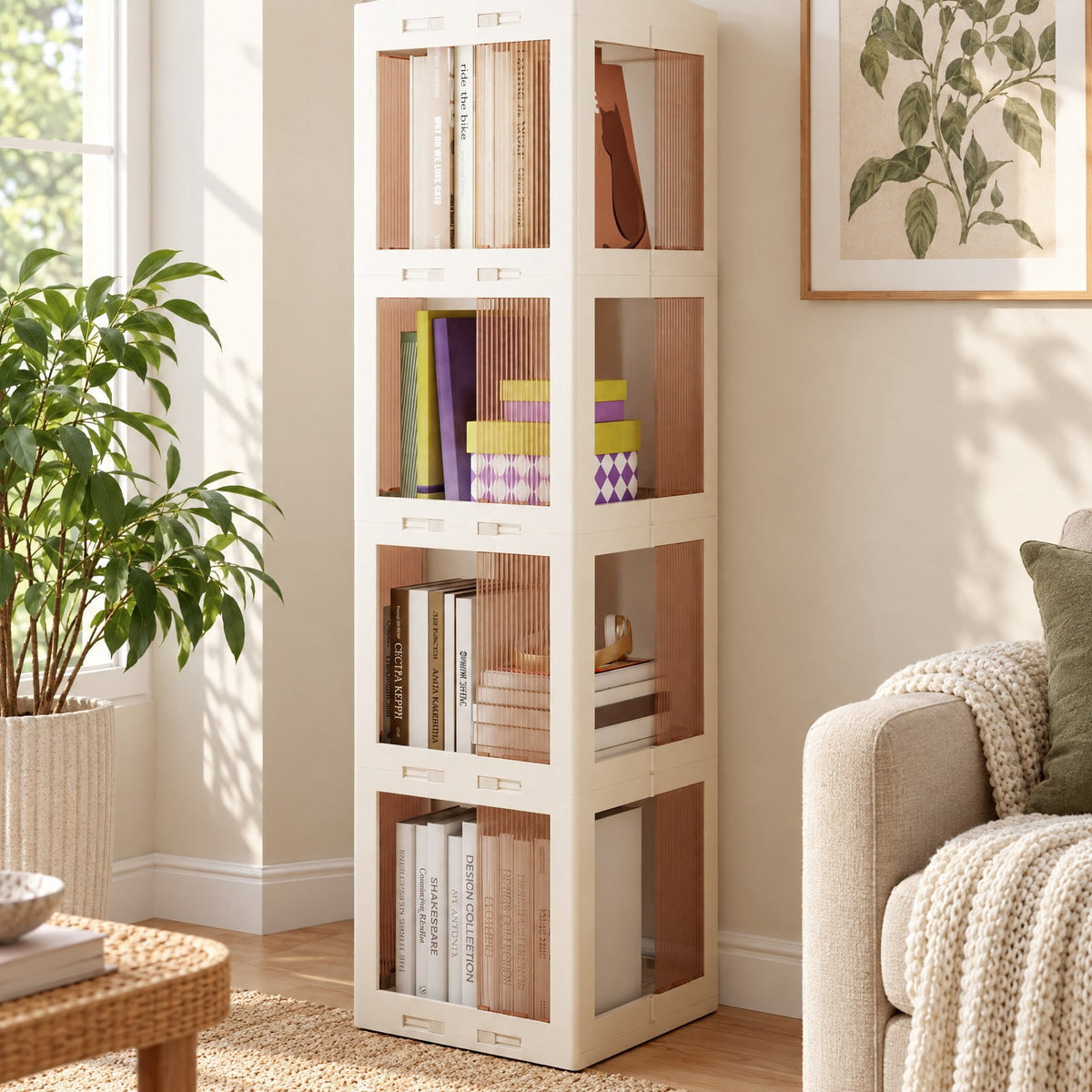 Airfind Bookshelf, 4-Tier Foldable Rotating, with Swivel Base and Translucent Panels, 22 lbs Capacity, PP ABS Frame, 14.5 Inch x 14 Inch x 56 Inch, White