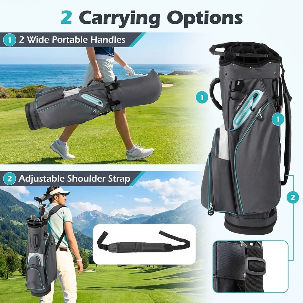 Airfind 10.5 in Golf Stand Bag with 14-Way Dividers and 7 Zippered Pockets featuring a rain hood with towel rings and dual carry straps for walking rounds, Gray