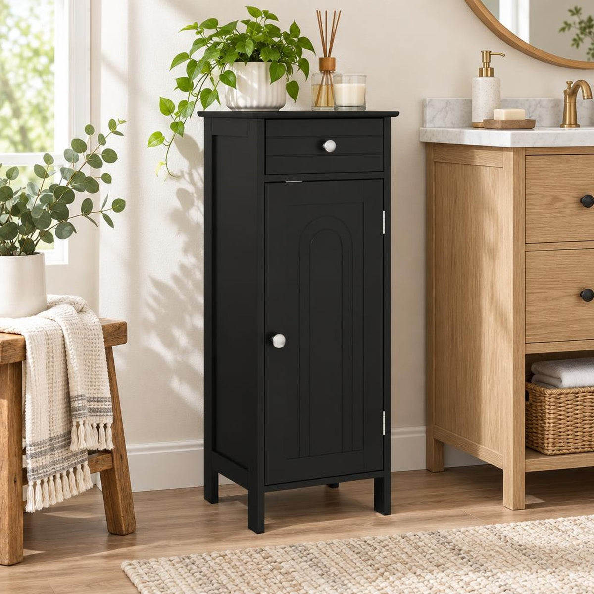 Airfind Wooden Storage Free-Standing Floor Cabinet with Drawer and Shelf, 132 lbs Capacity, MDF Frame, 14in x 12in x 34.5in Footprint, Black