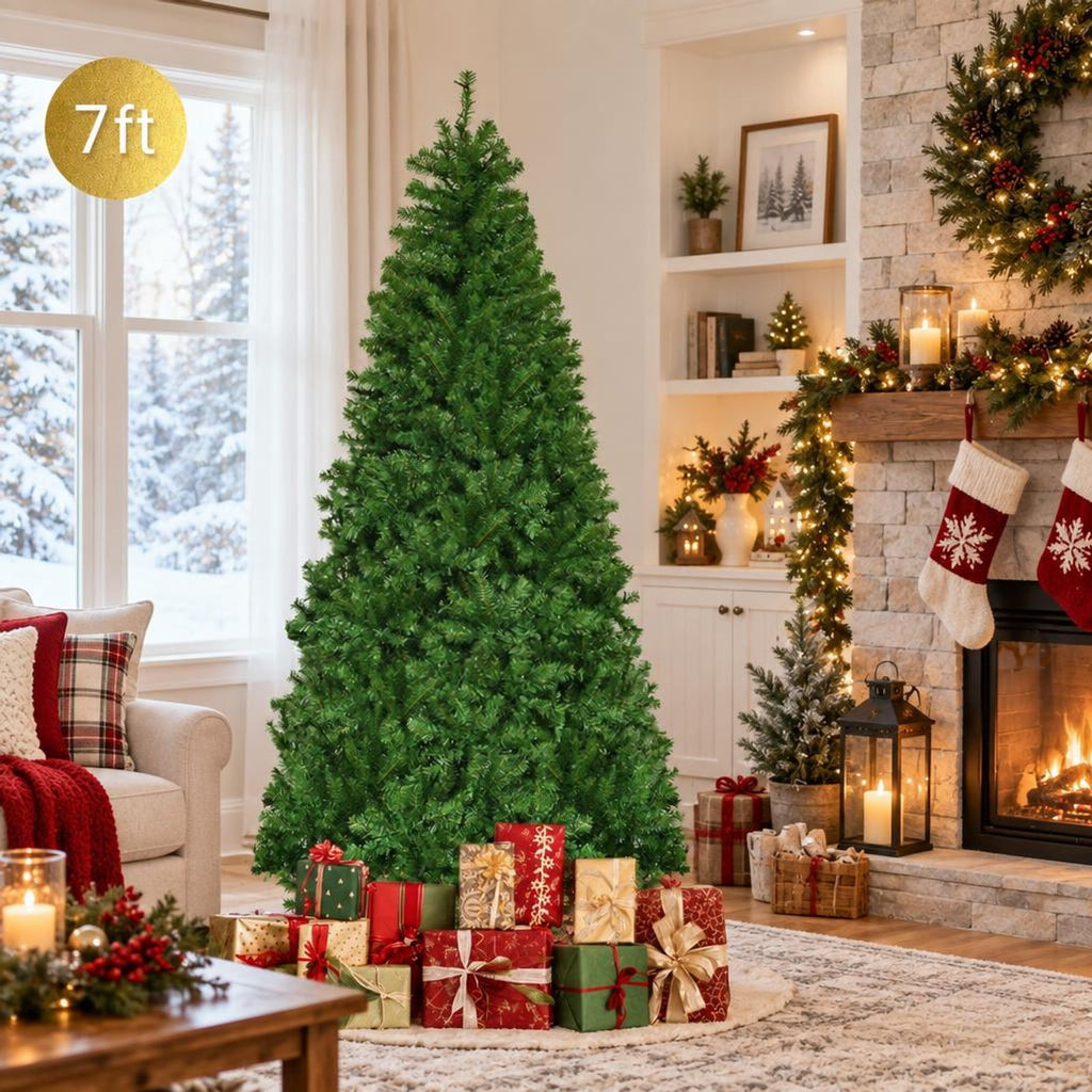 Airfind Artificial Premium Hinged Christmas Tree-7 ft, PVC Frame, 0.9in x 1.6in x 2in Footprint, Green Adapter: UL-certified