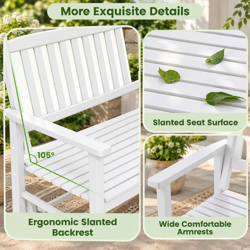 Airfind 2 Seats Outdoor Glider Bench with Armrests and Slatted Seat, 500 lbs Capacity, Poplar Wood Frame, 50 x 27 x 39 Footprint, White