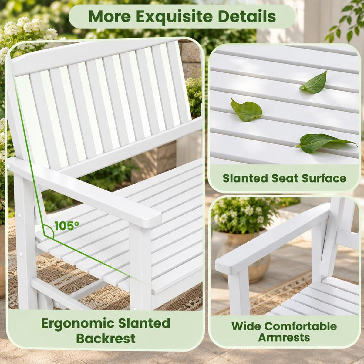 Airfind 2 Seats Outdoor Glider Bench with Armrests and Slatted Seat, 500 lbs Capacity, Poplar Wood Frame, 50 x 27 x 39 Footprint, White