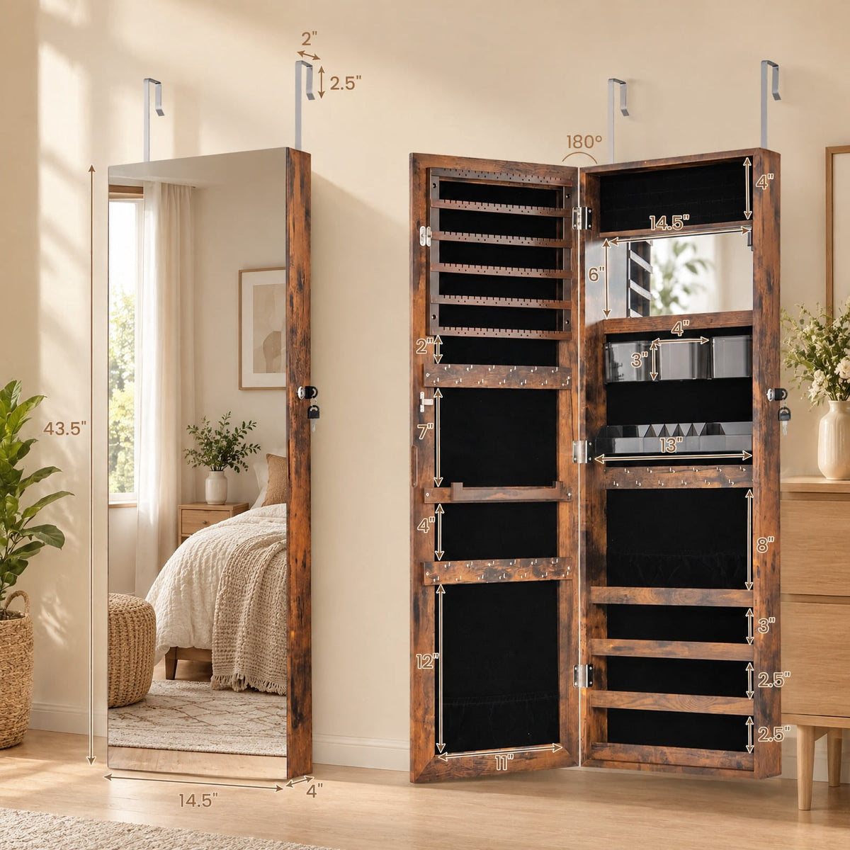 Airfind 43.5 Inch Jewelry Mirror Cabinet with Full-length Mirror and Adjustable Hangers, MDF Frame, Brown