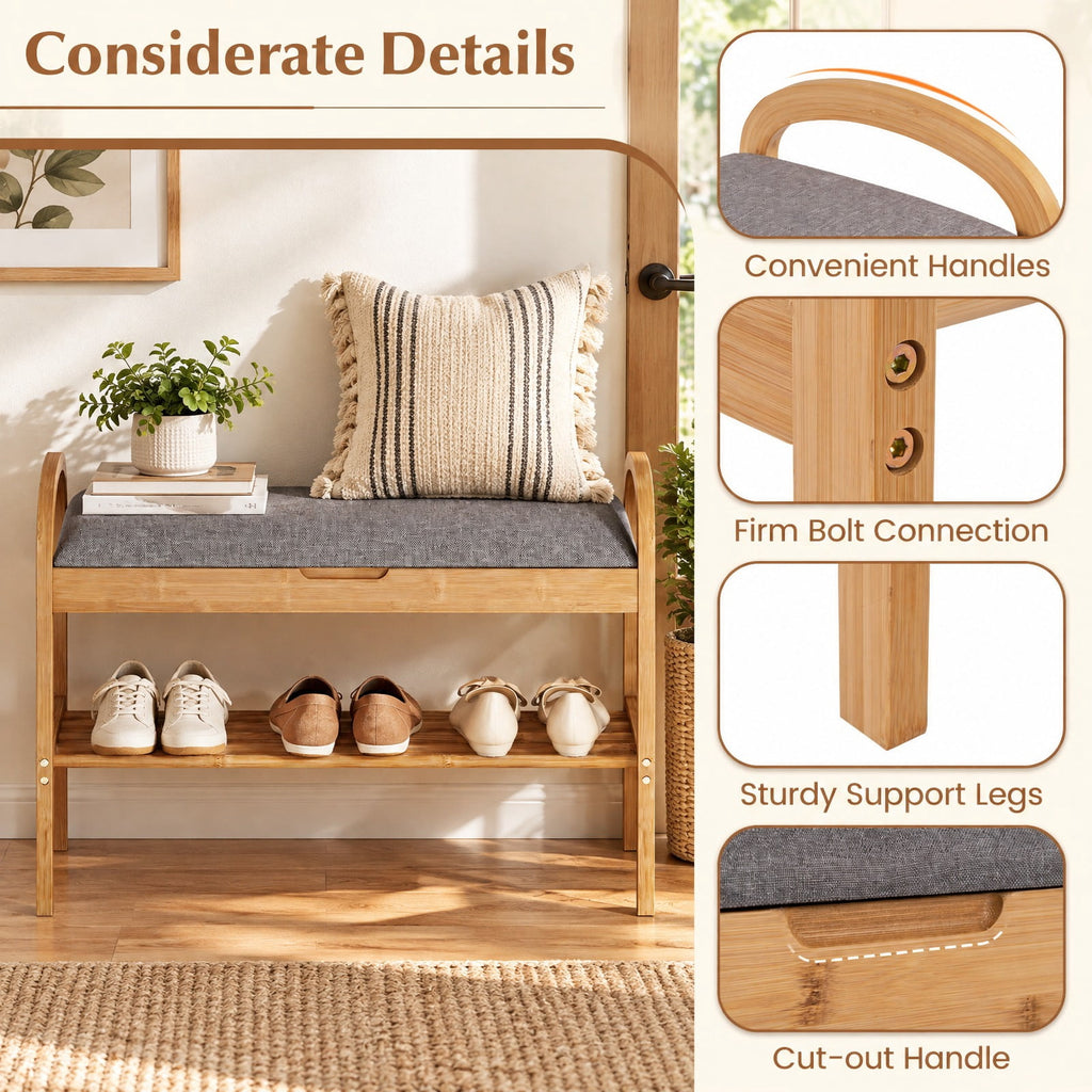 Airfind 2-Tier Bamboo Shoe Bench with Storage and Padded Cushion, 330 lbs Capacity, Bamboo Polyester Fabric Sponge Frame, Gray