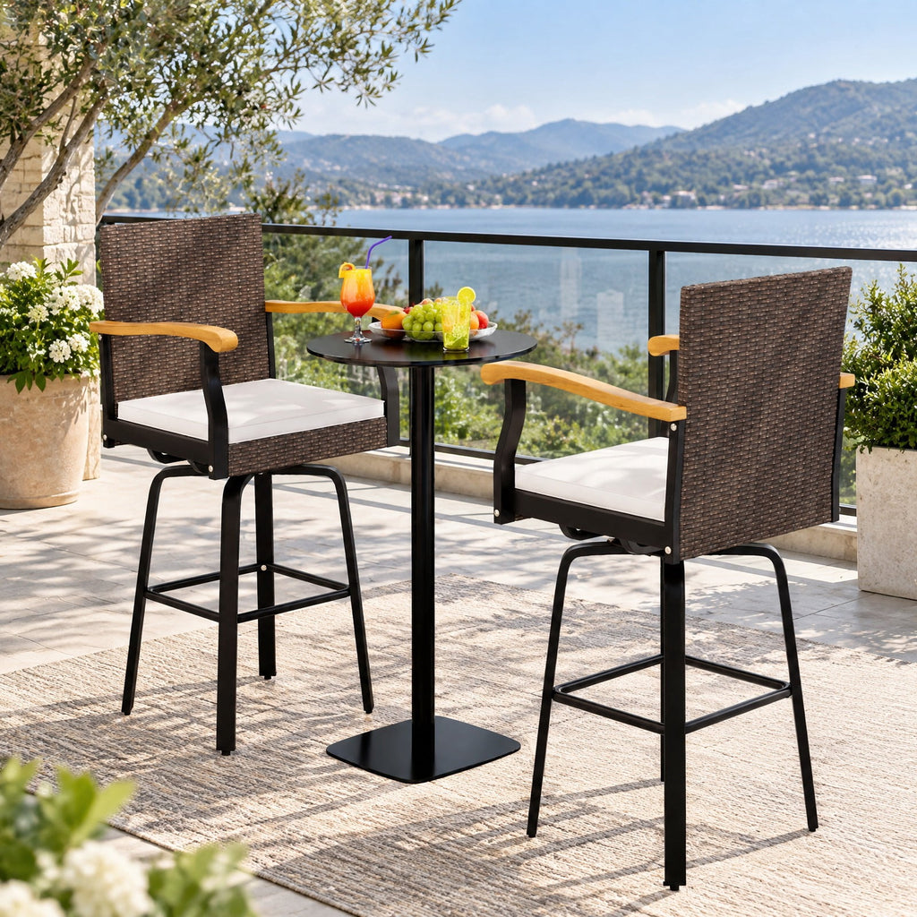 Airfind One Outdoor 360° Swivel Bar Stool with Cushion and Acacia Wood Armrests, 400 lbs Capacity, Wood