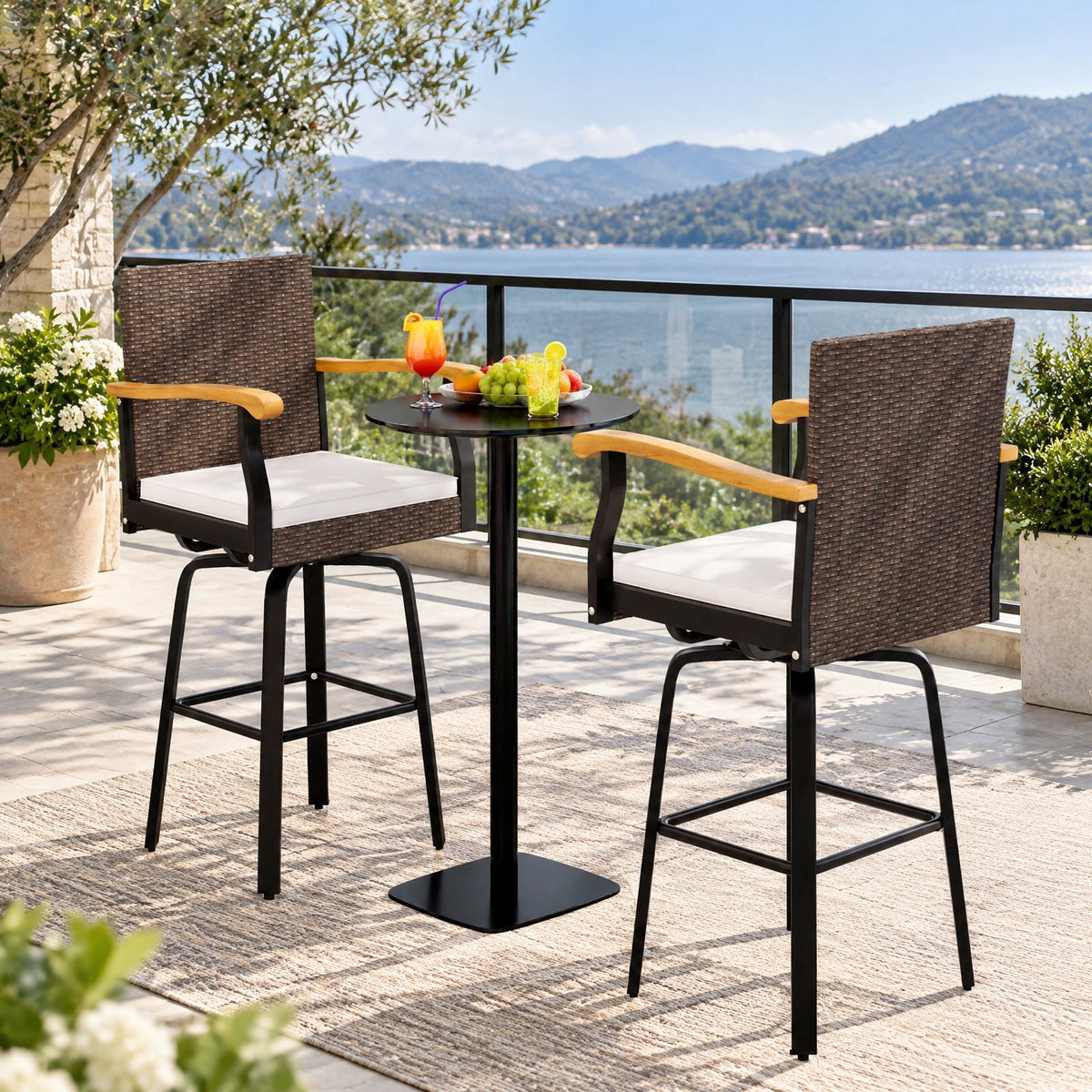 Airfind One Outdoor 360° Swivel Bar Stool with Cushion and Acacia Wood Armrests, 400 lbs Capacity, Wood