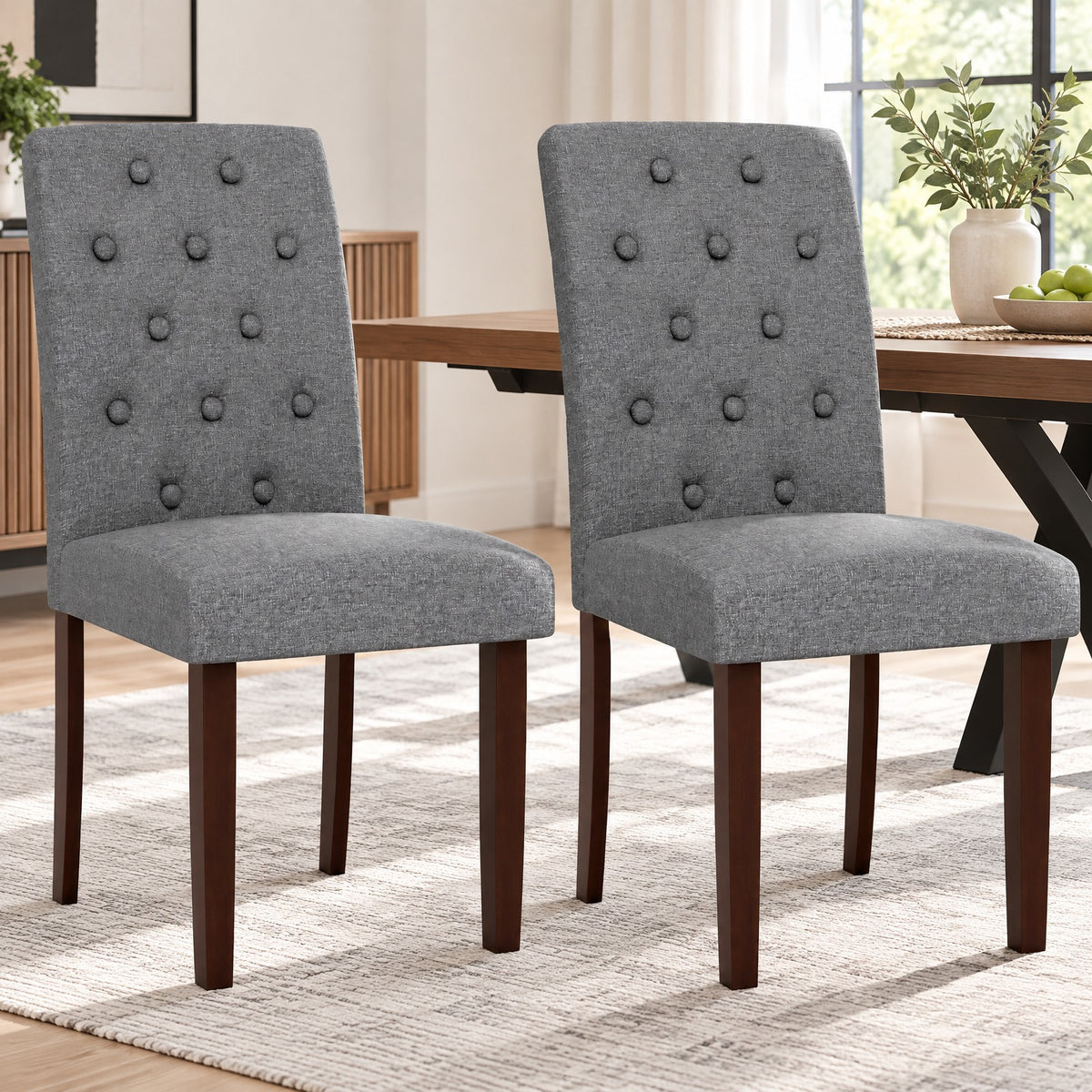 Airfind Button Tufted Fabric Upholstered Wooden Dining Chair Set of 2 with High Curved Back, Chair 330 lbs Capacity, 18in x 24in x 37in Footprint