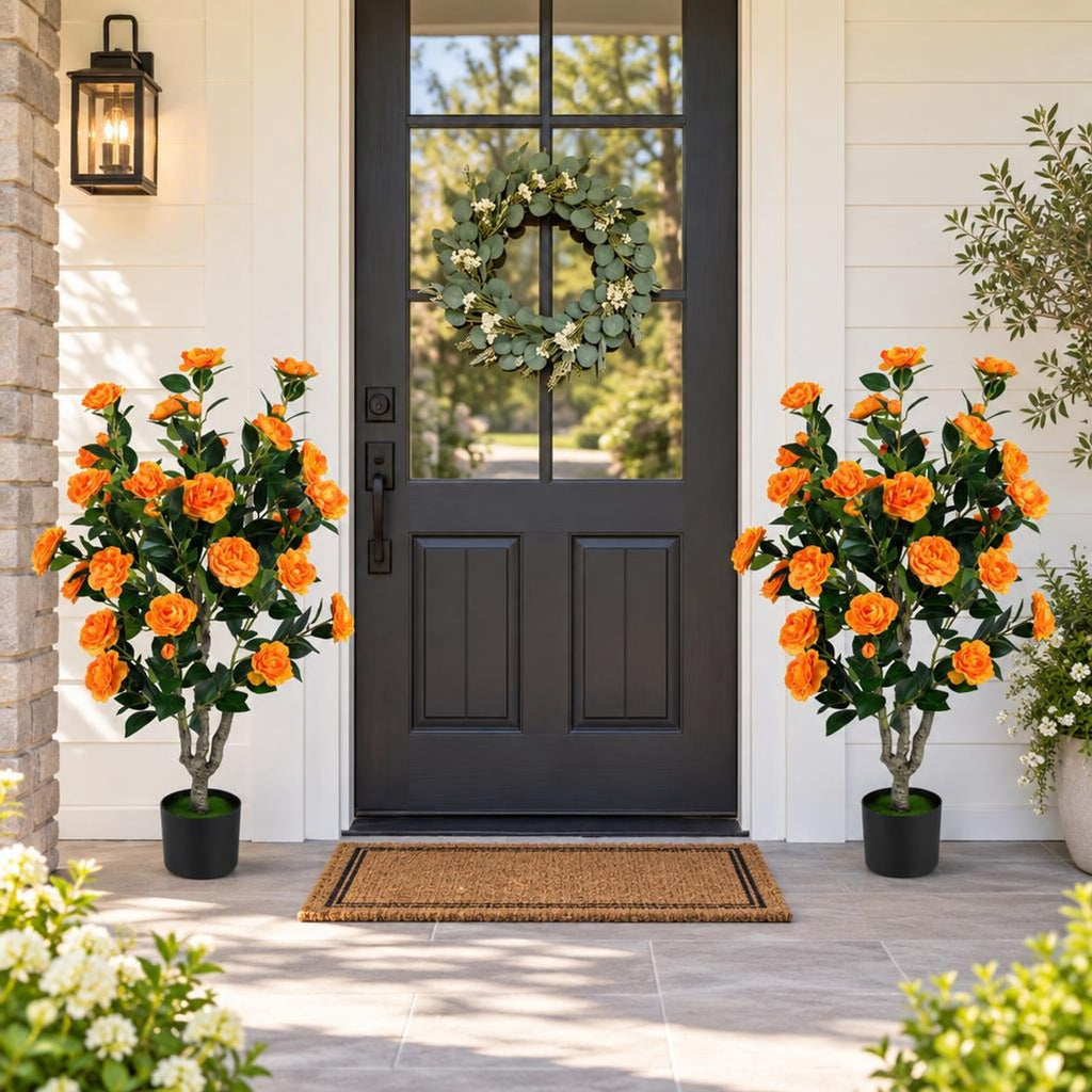 Airfind Set of 2 39.5 Artificial Camellia Tree with Orange Blossoms in Cement Pot for Decoration, Orange