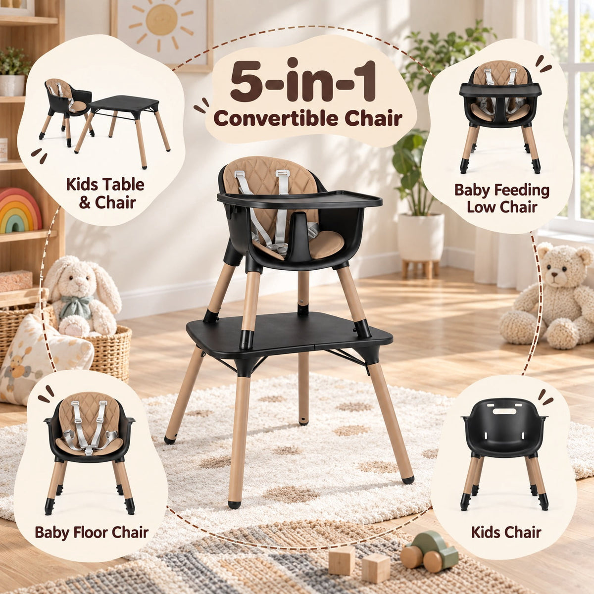 Airfind 4-in-1 Youth Convertible Youth Table Chair Set featuring PU Cushion, 33 lbs Capacity, PU PP Metal Frame, for 6-36 Months, Brown