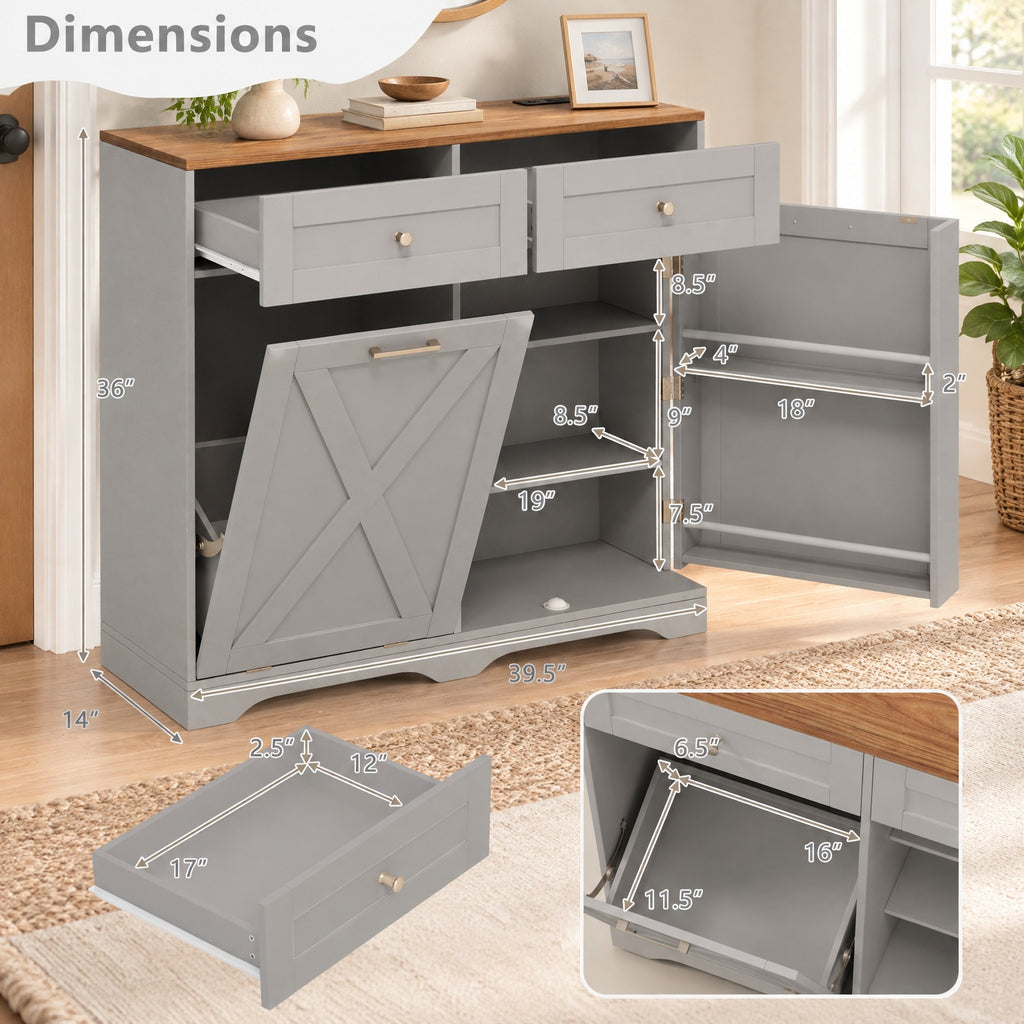 Airfind Tilt Out Trash Can Cabinet with Outlets and Adjustable Shelf, 100 Lbs Capacity, MDF Engineered Wood for Convenient Everyday Use, Gray