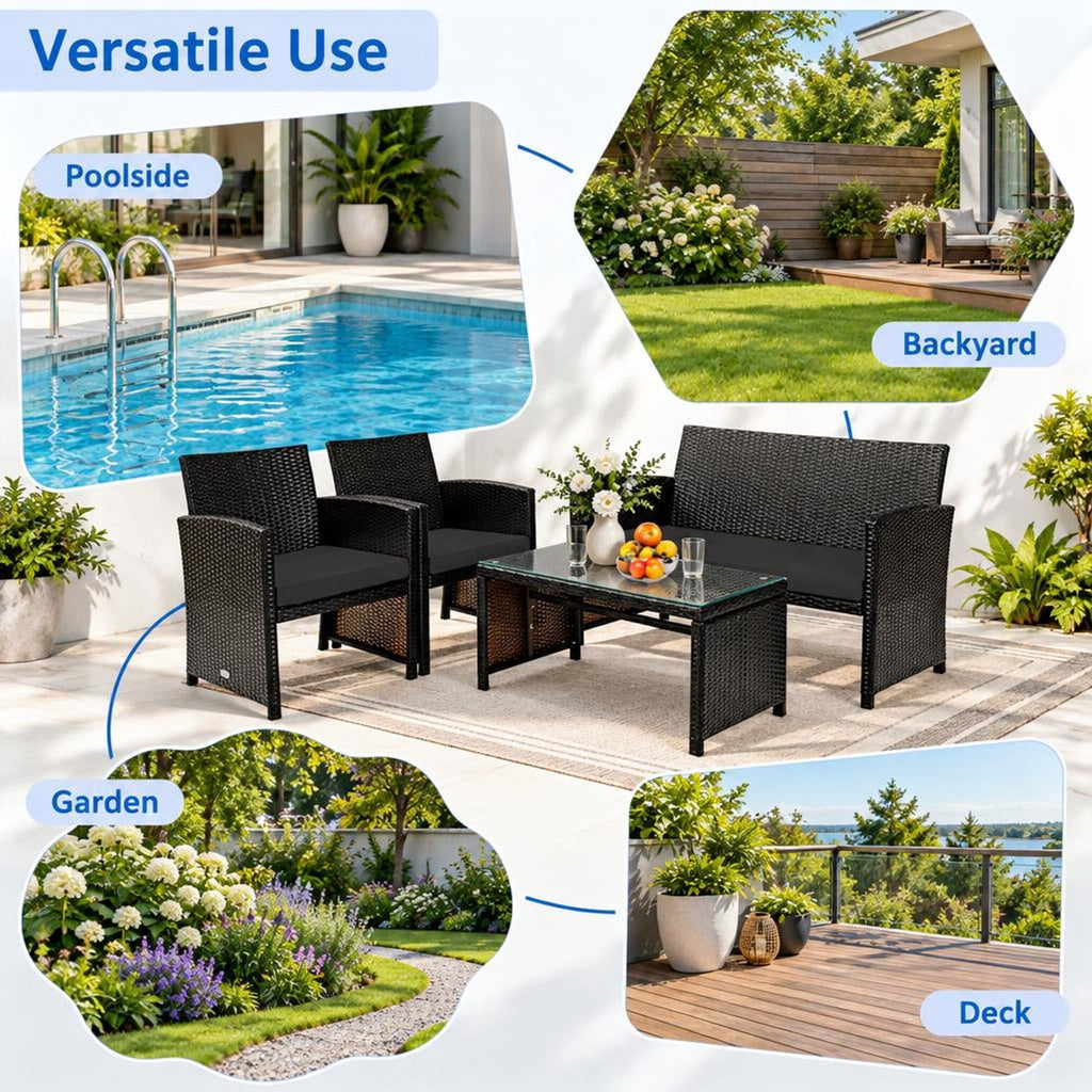 Airfind 4 Pieces Patio Rattan Cushioned Furniture Set with Coffee Table, Rattan Frame, 43.5 x 25 x 31 Footprint, Black