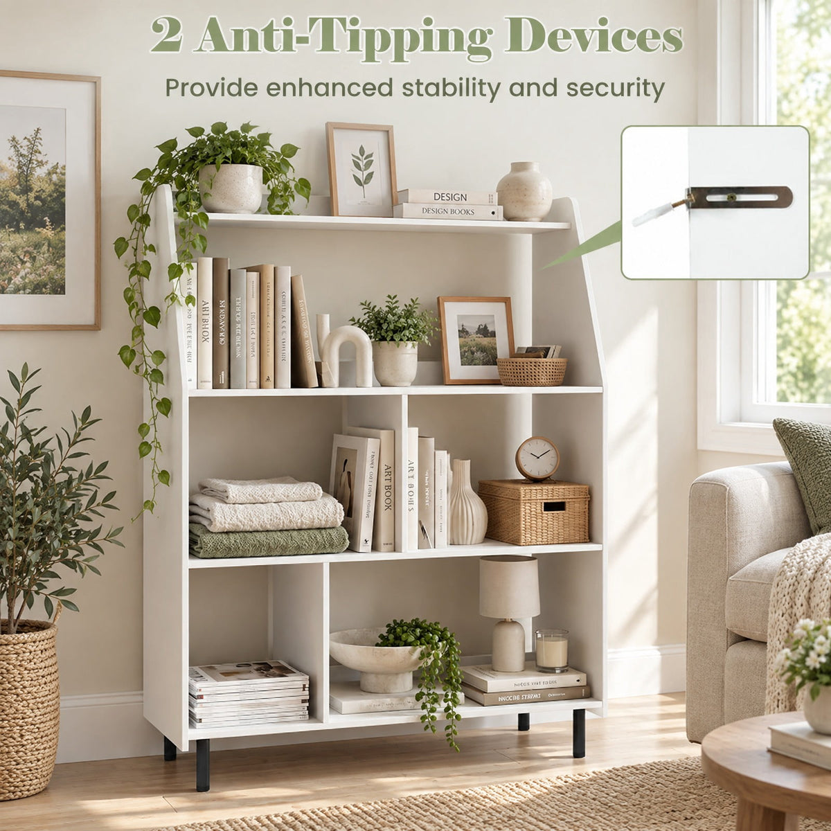 Airfind 4-Tier Open Modern Bookcase with 2 Anti-Tipping Kits, 55 lbs Capacity, Engineered Wood Metal Frame, 36 Inch x 13.5 Inch x 47 Inch Footprint, White