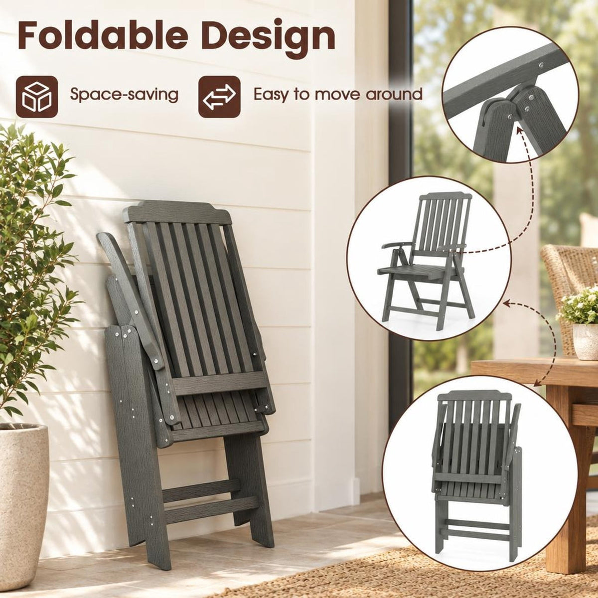 Airfind Foldable Patio Chair All, Weather HDPE Outdoor Dining Chair with Armrest, Gray, The slatted design effectively prevents water accumulation