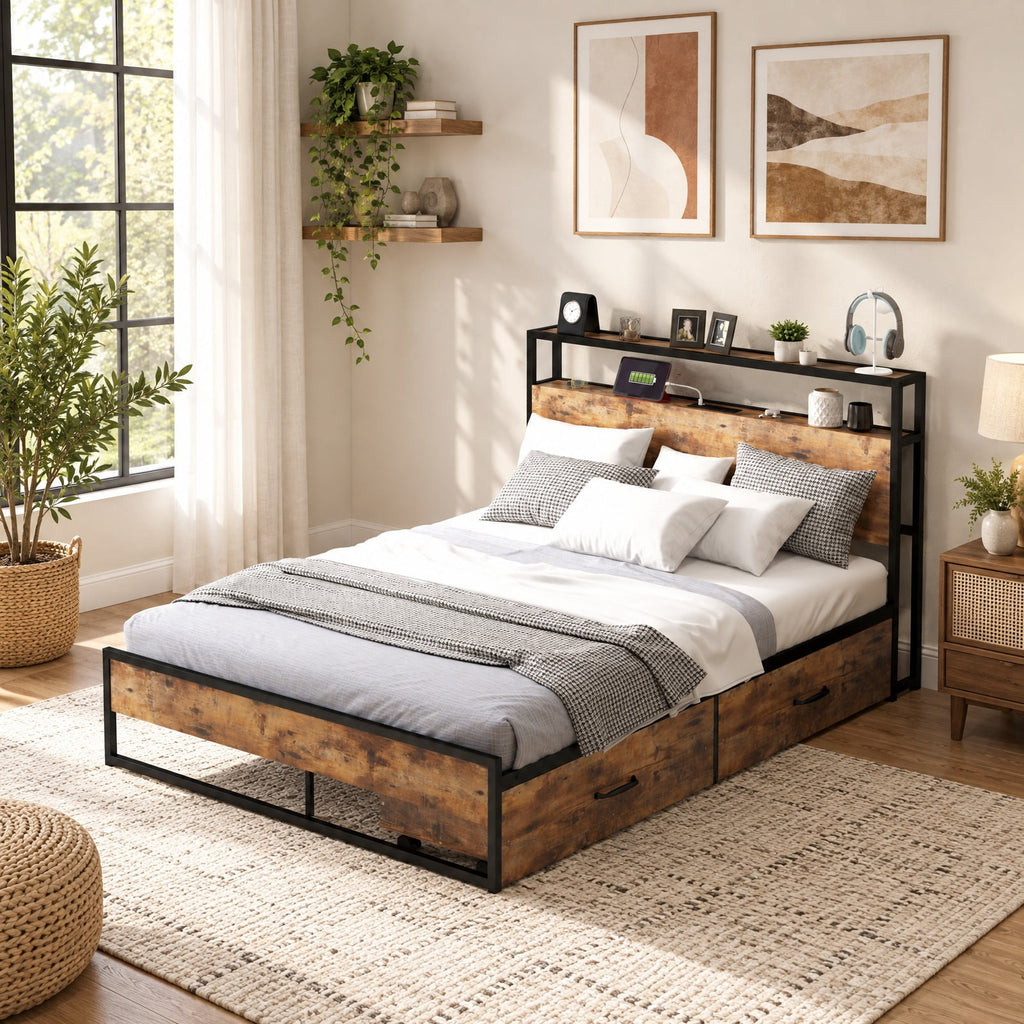 Airfind Full Size Bed Frame with 2-Tier Storage Headboard and Charging Station, 600 lbs Capacity, Metal MDF Frame, 82.5 Inch x 55.5 Inch x 39 Inch Footprint