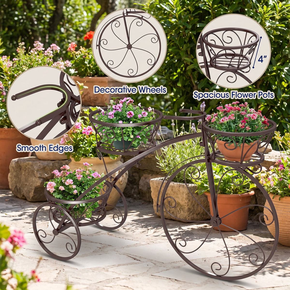 Airfind Tricycle Plant Stand Flower Pot Cart Holder with 3 Hollowed Baskets, Basket 11 LBS Capacity, Metal Frame, 33 x 10 x 20 Footprint, Bronze
