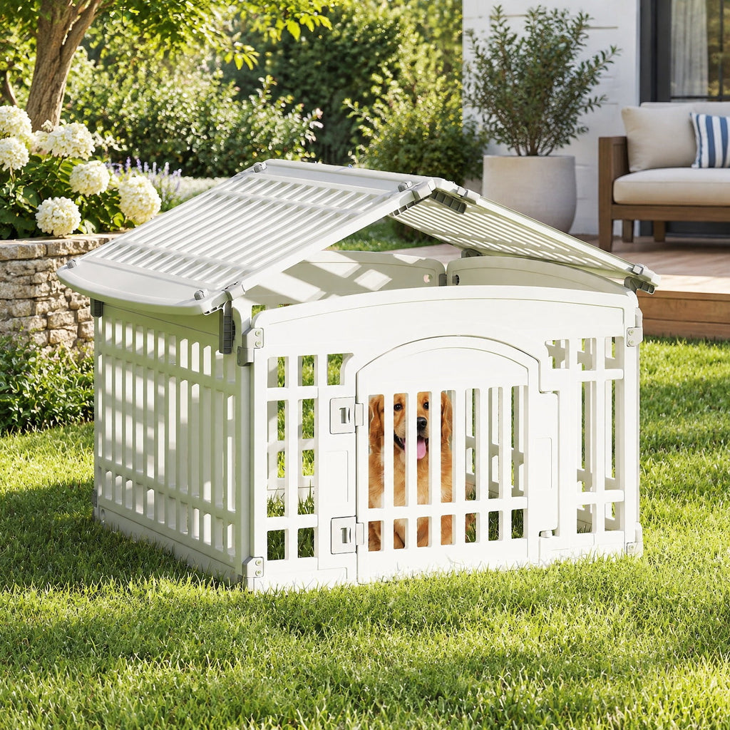 Airfind 6-Panel Plastic Dog Playpen 24 Inch Indoor Outdoor Pet Fence with Locking Door, HDPE Rectangular-shaped Playpen Frame, White